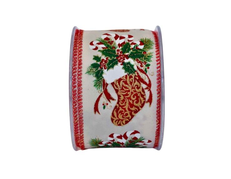 Ruban crème botte de Noël H 7cm x 9m